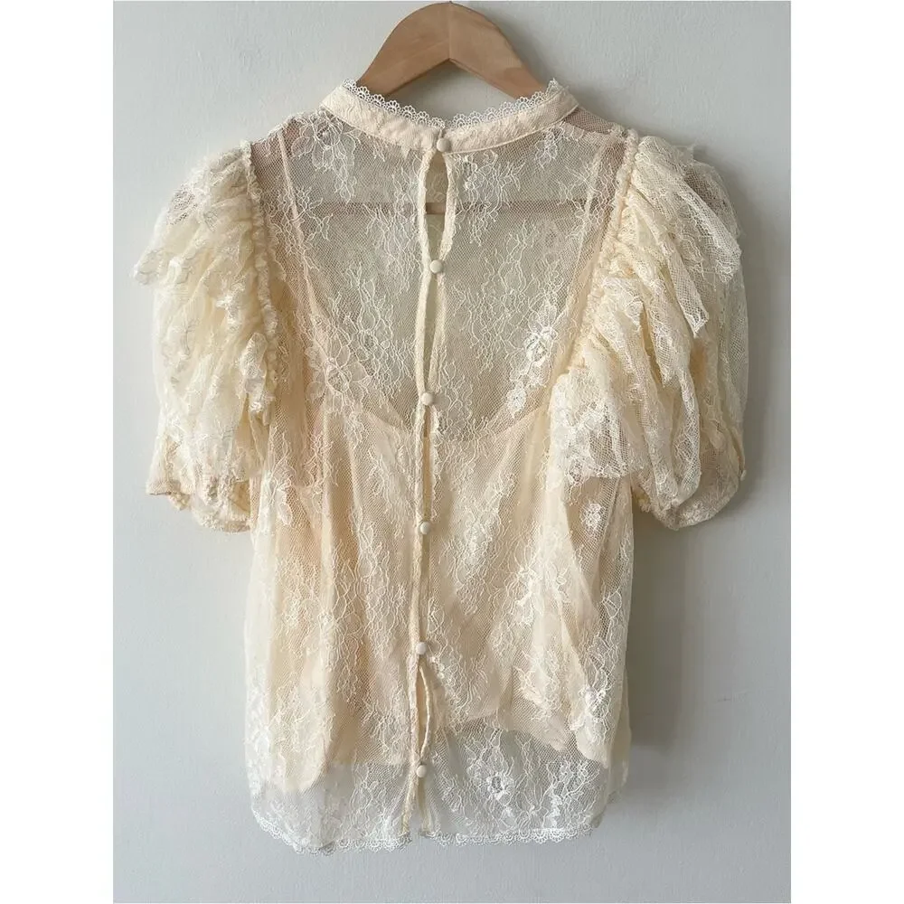 Free People Secret Admirer Lace Blouse Puff Sleeve Too Women’s size S cream